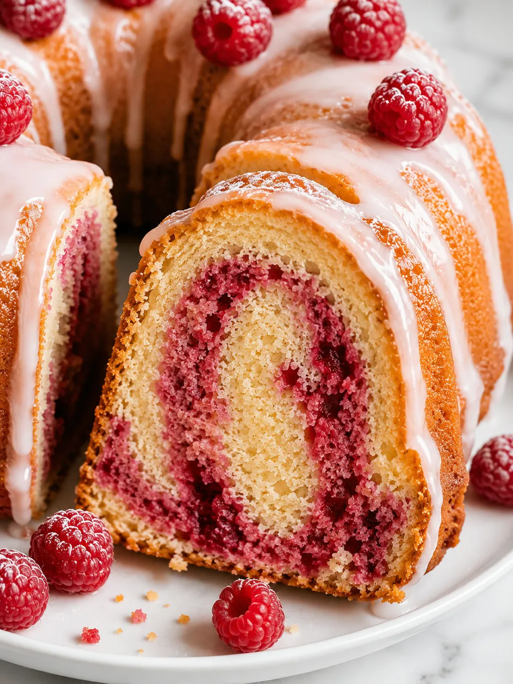 Sliced vanilla raspberry babka showing pink and vanilla swirl with white icing