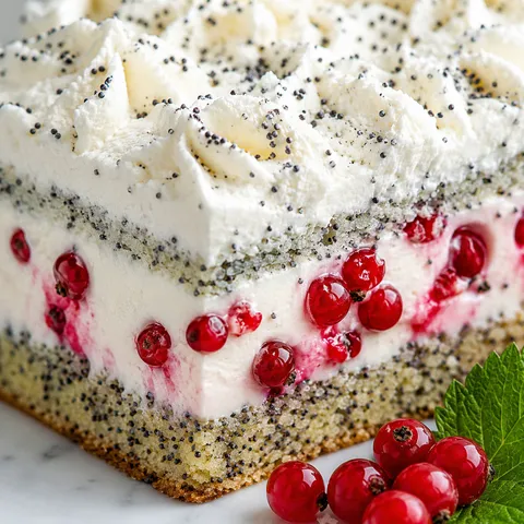 Slice of poppy seed sponge cake with creamy layer and fresh red currants on top
