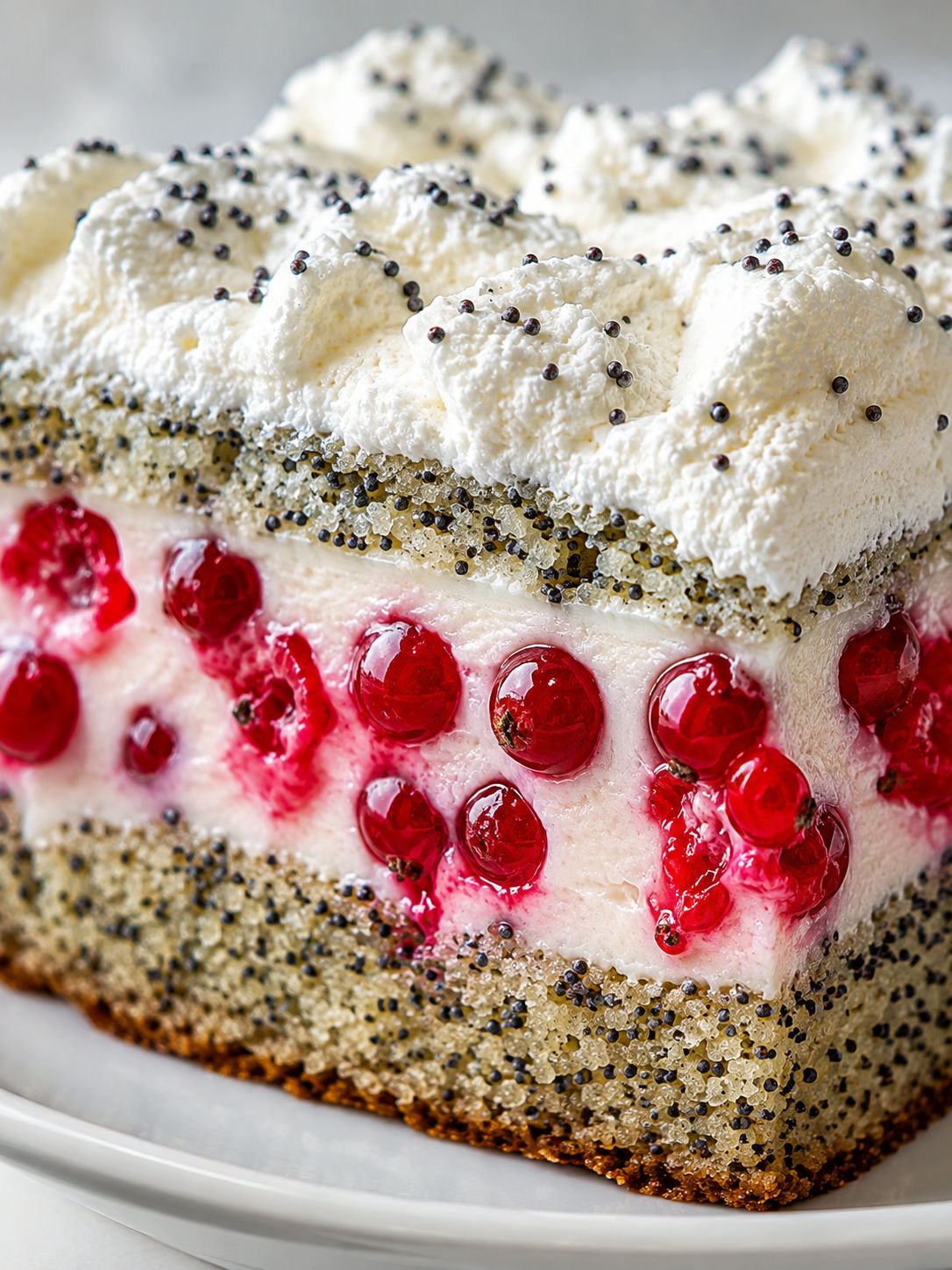 Plated piece of poppy seed cake with creamy layer and fresh red currants on top