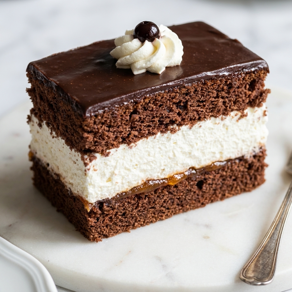 Rectangular piece of chocolate-glazed wuzetka cake with a whipped cream rosette and cherry