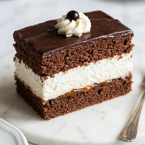 Rectangular piece of chocolate-glazed wuzetka cake with a whipped cream rosette and cherry