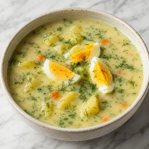 Creamy Polish dill soup with potatoes and hard-boiled egg in a ceramic bowl