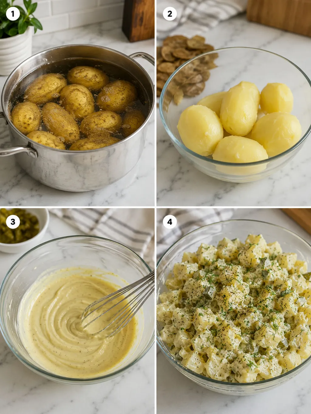 Four steps of making Polish potato salad from boiling potatoes to folding in the dressing