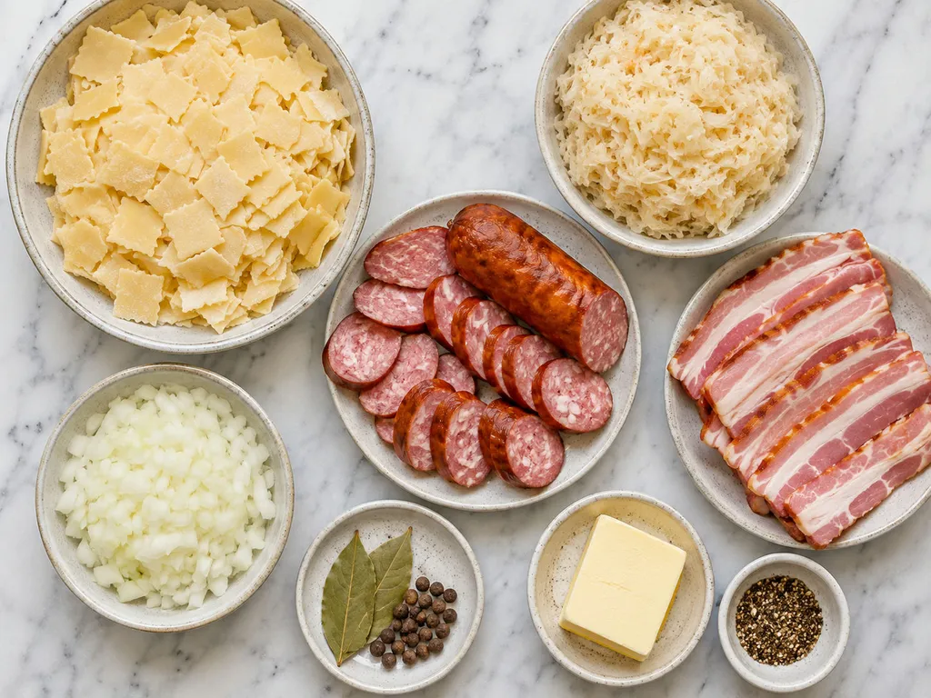 Raw ingredients for Polish łazanki with sauerkraut, kielbasa, and bacon