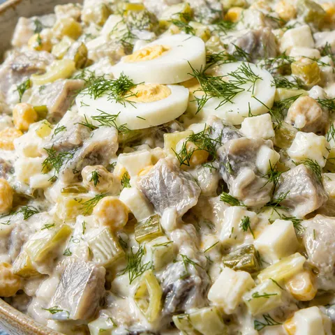 Polish herring salad with leek, egg, pickled cucumber and dill in a ceramic bowl