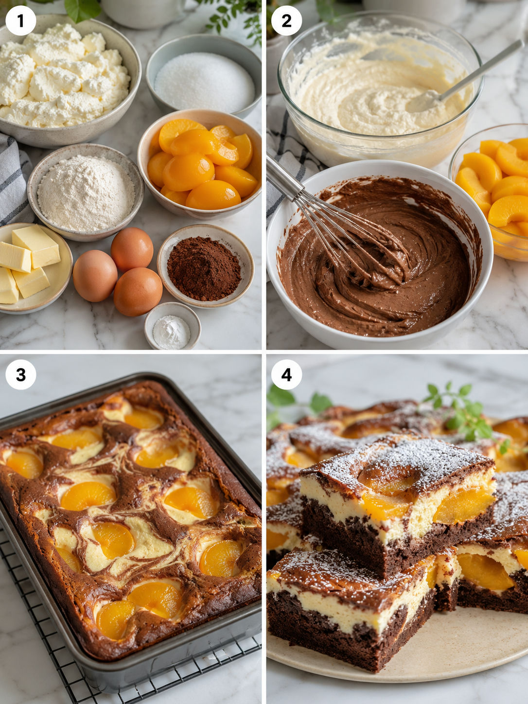 Four steps of building a cocoa and peach cheesecake before baking