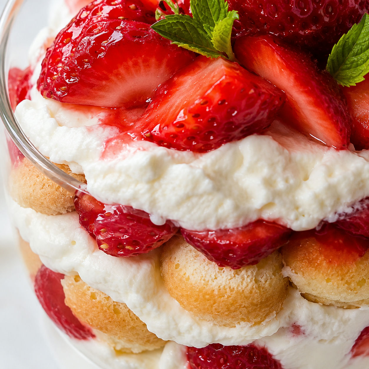 Strawberry tiramisu with cream layers, berries, and mint in a glass
