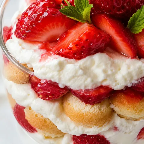 Strawberry tiramisu with cream layers, berries, and mint in a glass