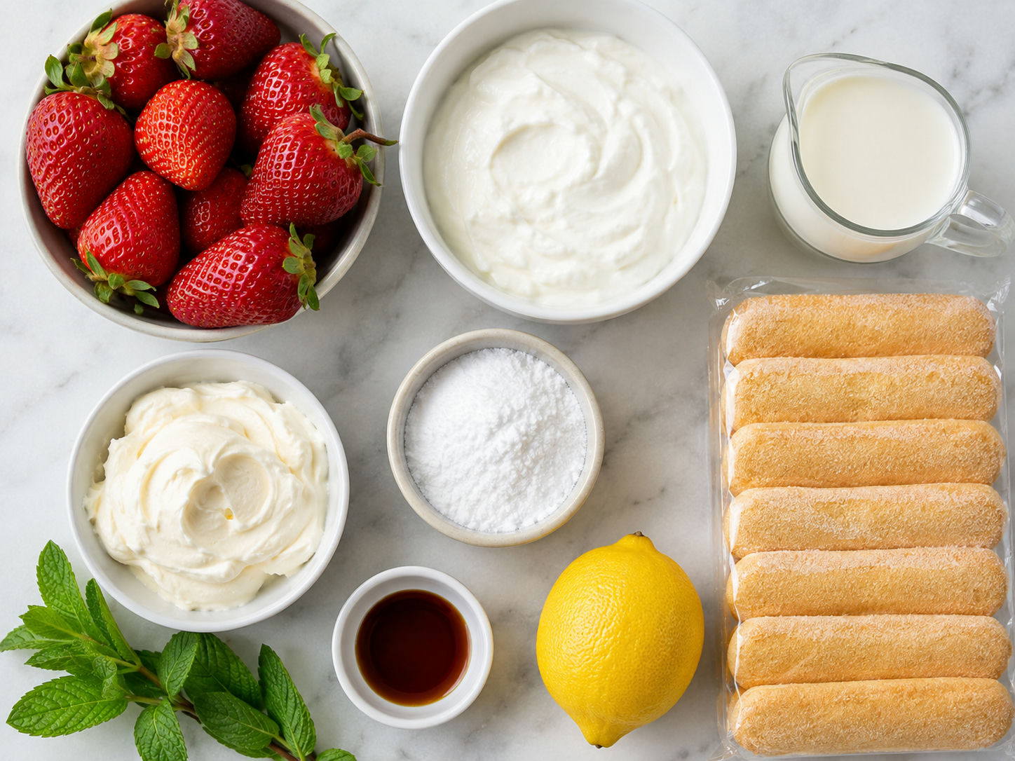 Ingredients for strawberry tiramisu with skyr, mascarpone, and berries