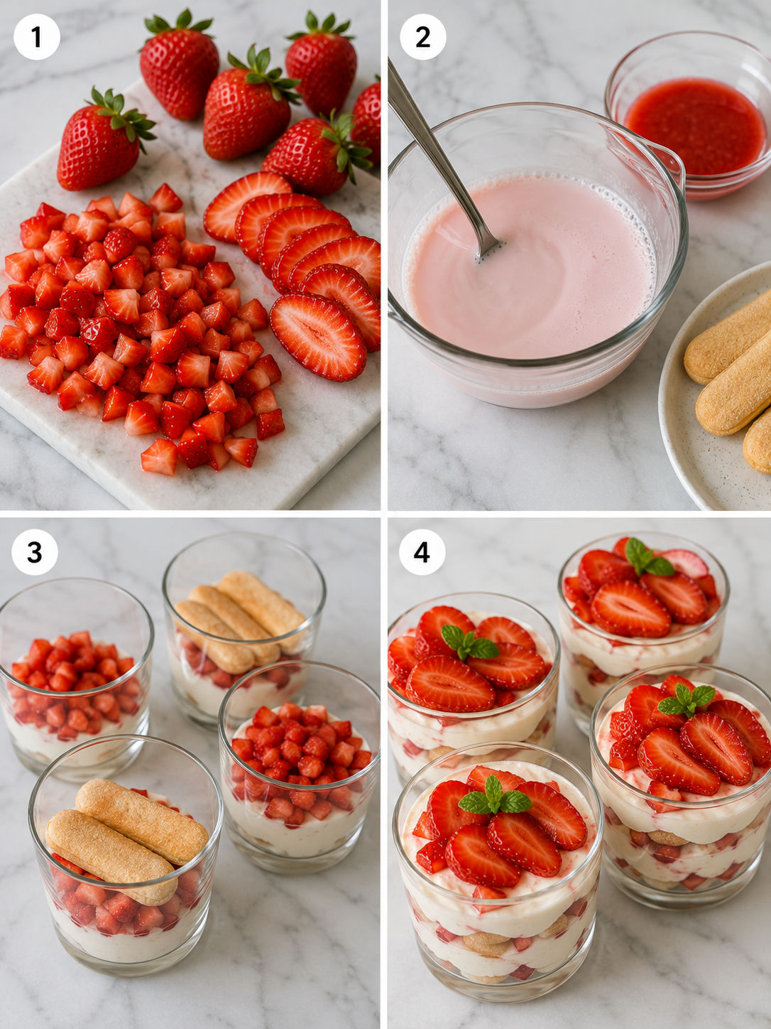 Four steps for making strawberry tiramisu in glasses
