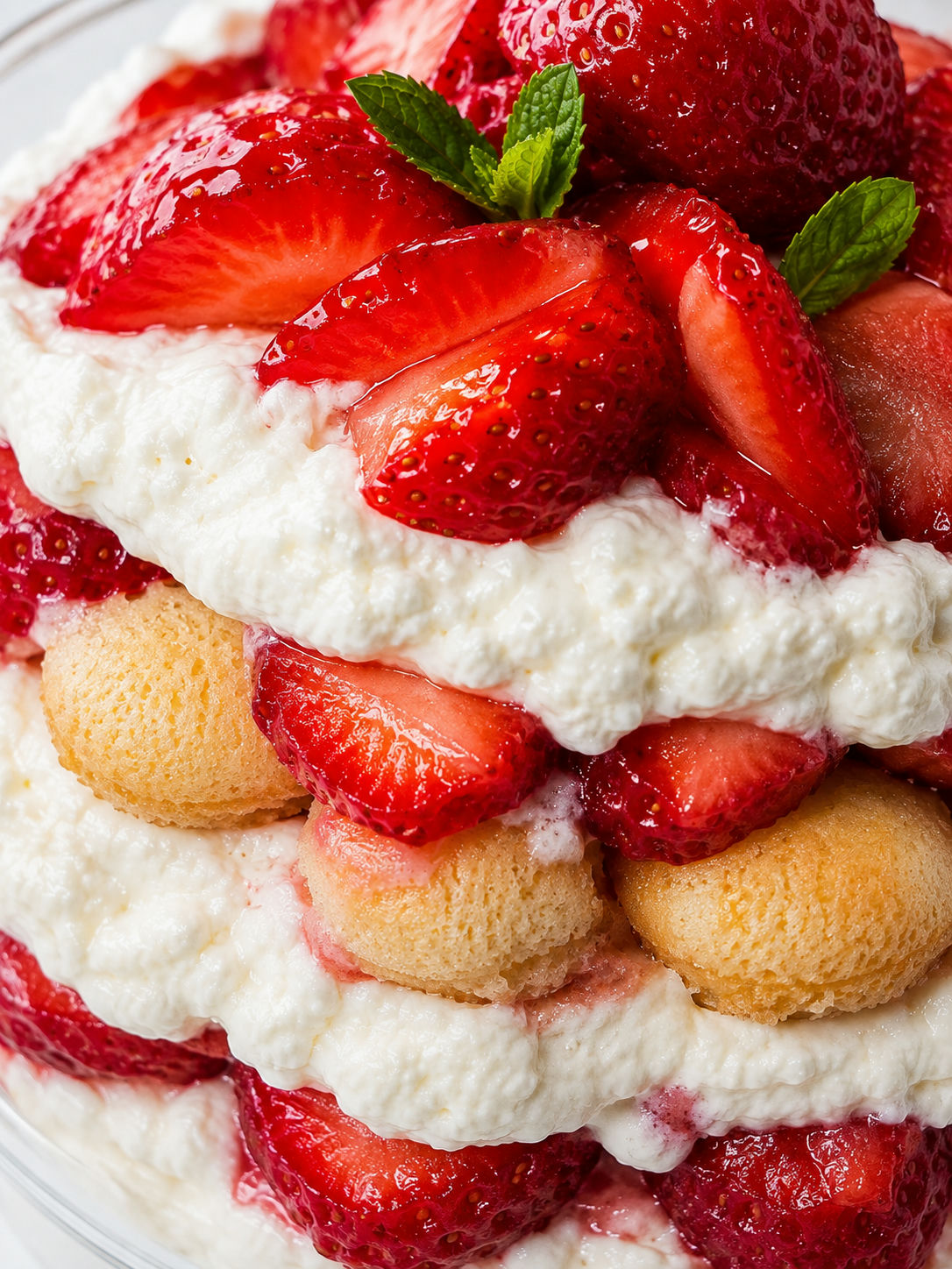 Layered strawberry tiramisu with skyr cream, berries, and mint