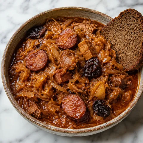 Bowl of Polish bigos hunter's stew with pork, kielbasa and sauerkraut
