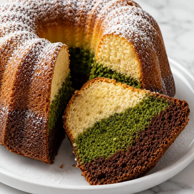 Sliced three-color bundt cake with green, brown and cream layers dusted with powdered sugar