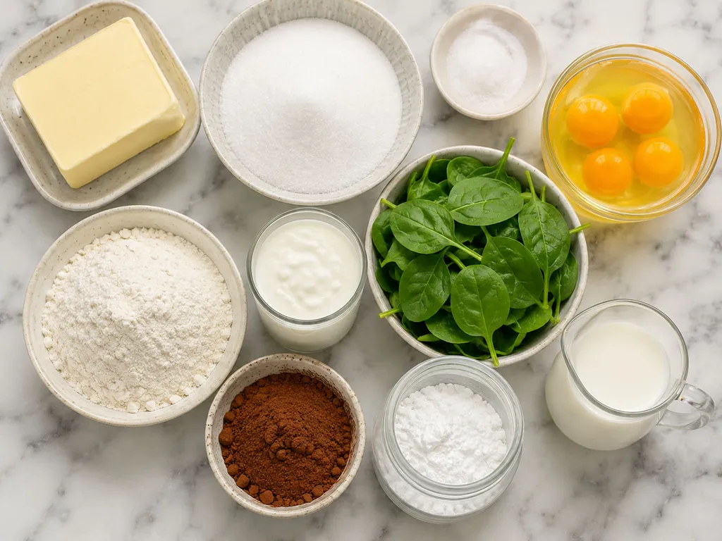 Raw ingredients for a three-color spinach bundt cake including spinach, cocoa and butter