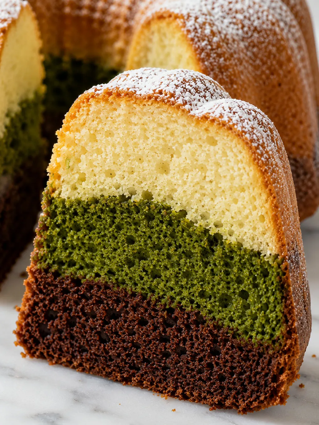 Close-up slice of three-color spinach bundt cake showing green, brown and cream layers