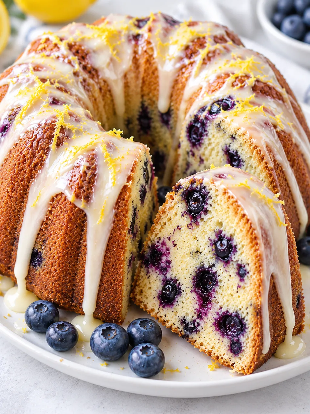 Babka jogurtowa z jagodami z odkrojonym kawałkiem i lukrem