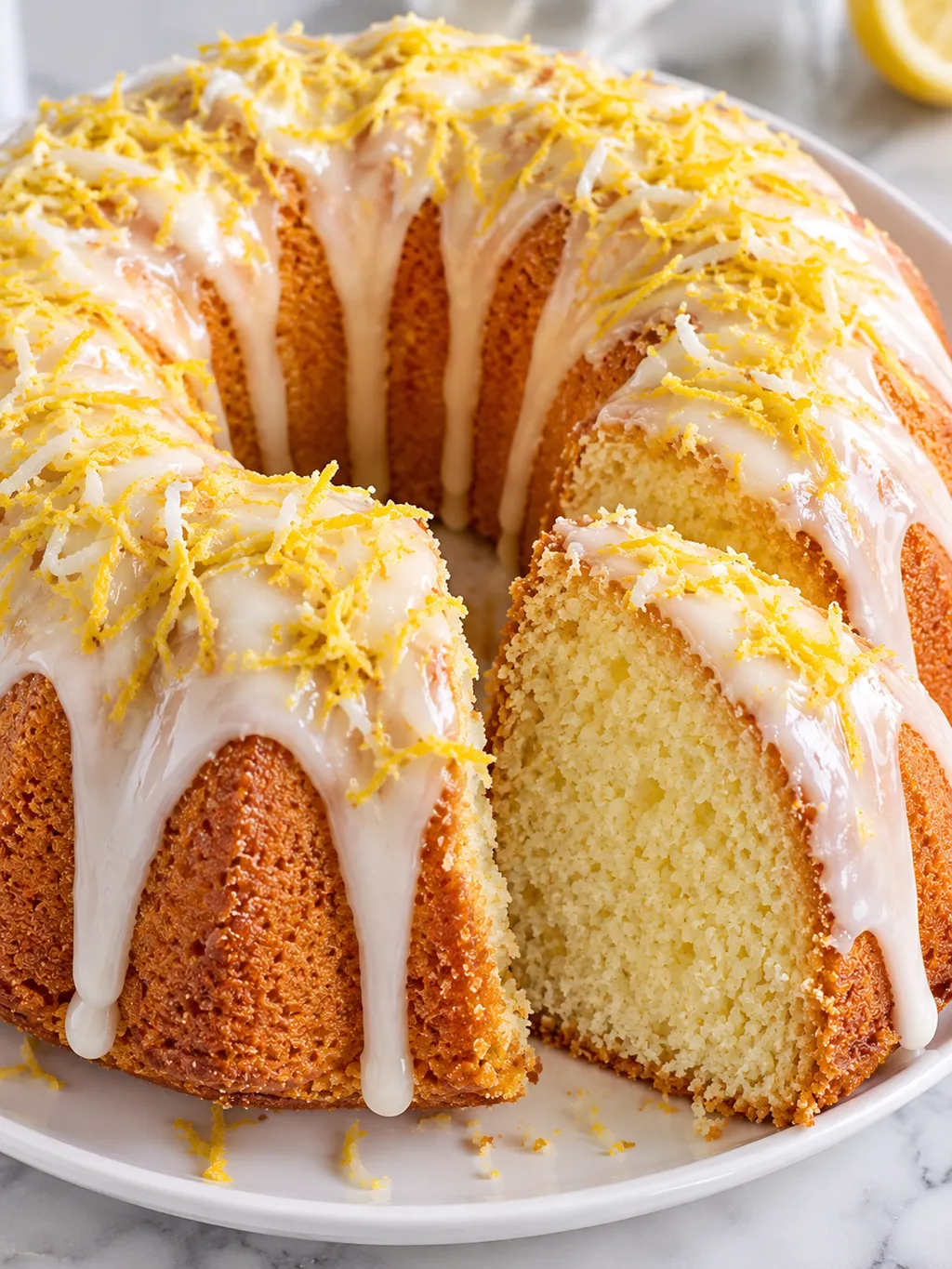 Babka piaskowa z lukrem cytrynowym i puszystym odkrojonym kawałkiem
