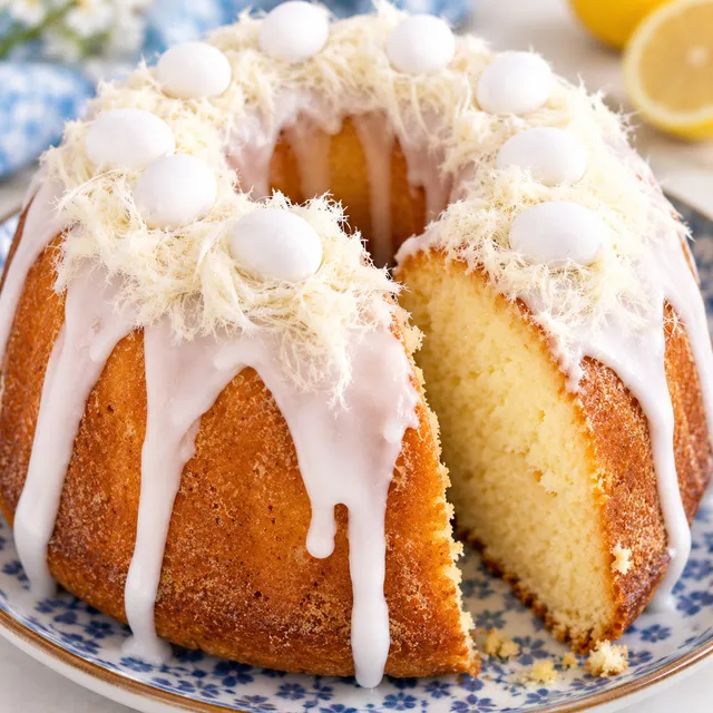 Babka sernikowa z cytrynowym lukrem i odkrojonym kawałkiem