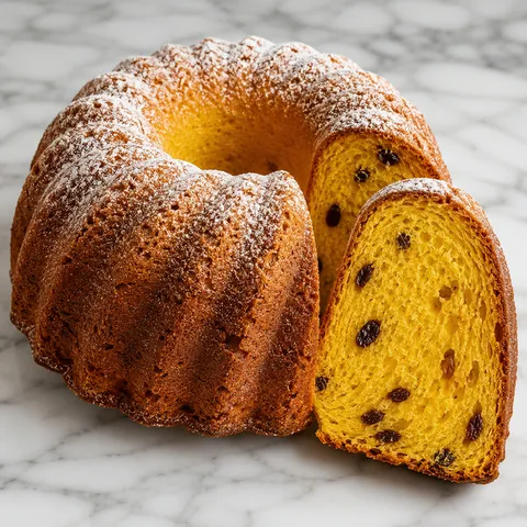 Tall golden saffron babka cake with raisins and a dusting of powdered sugar