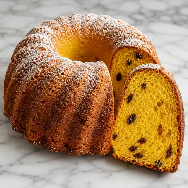 Tall golden saffron babka cake with raisins and a dusting of powdered sugar