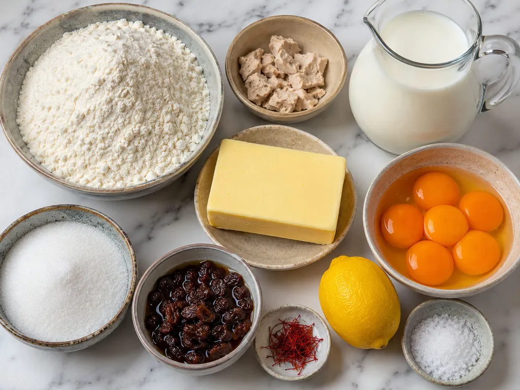 Raw ingredients for saffron babka including yeast, raisins, saffron threads and butter