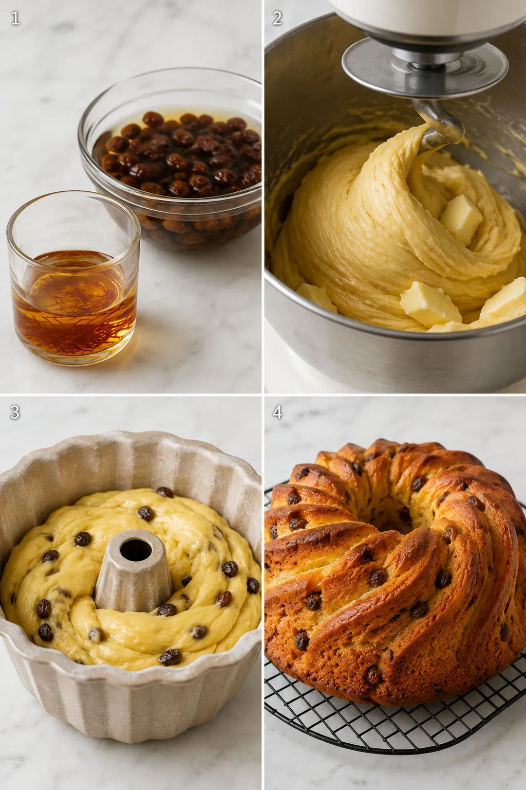 Four steps of making saffron babka from steeping saffron to the baked cake