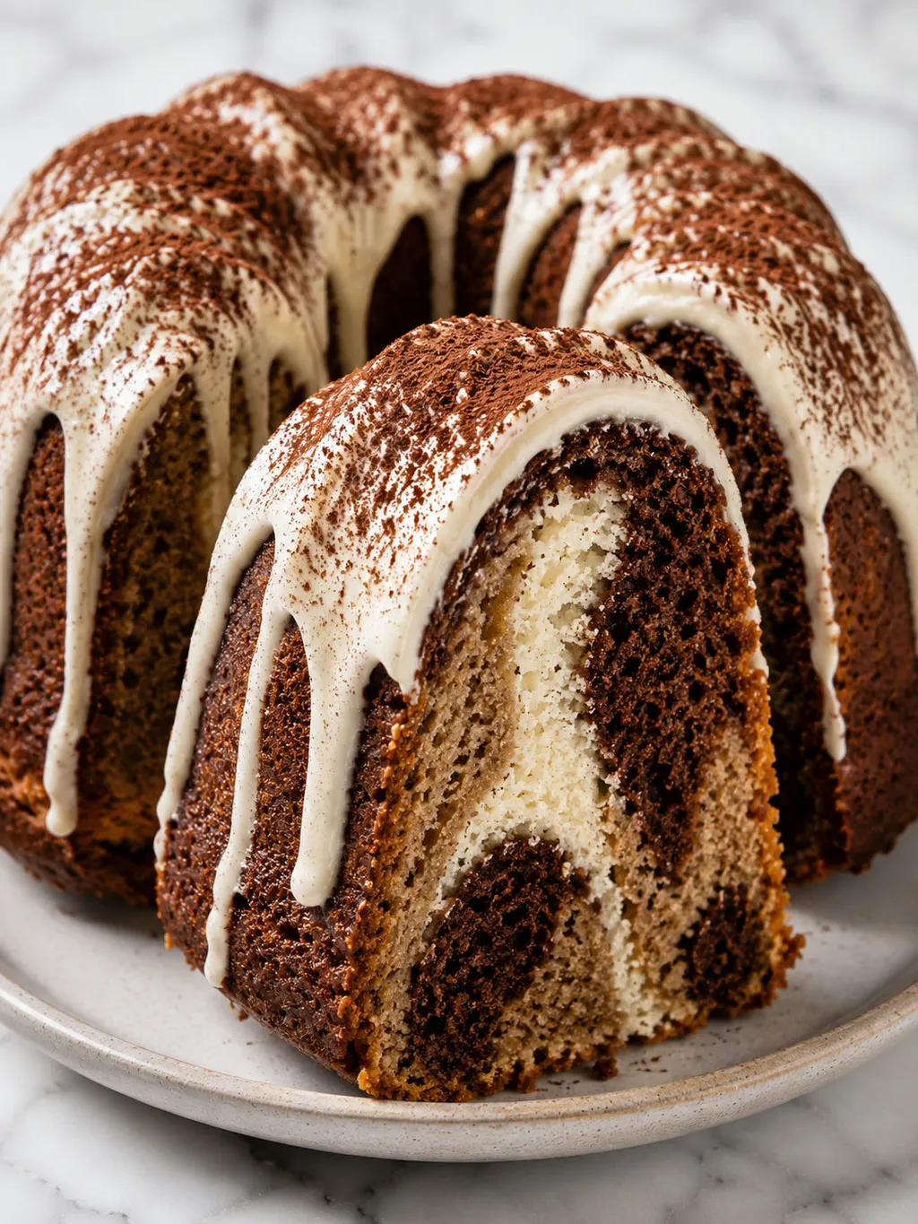 Close-up slice of marbled coffee cocoa babka with mascarpone cream and cocoa dusting