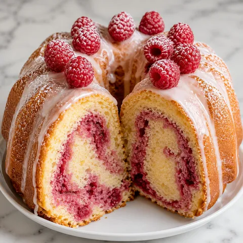 Two-tone vanilla and raspberry bundt cake with white icing and fresh raspberries