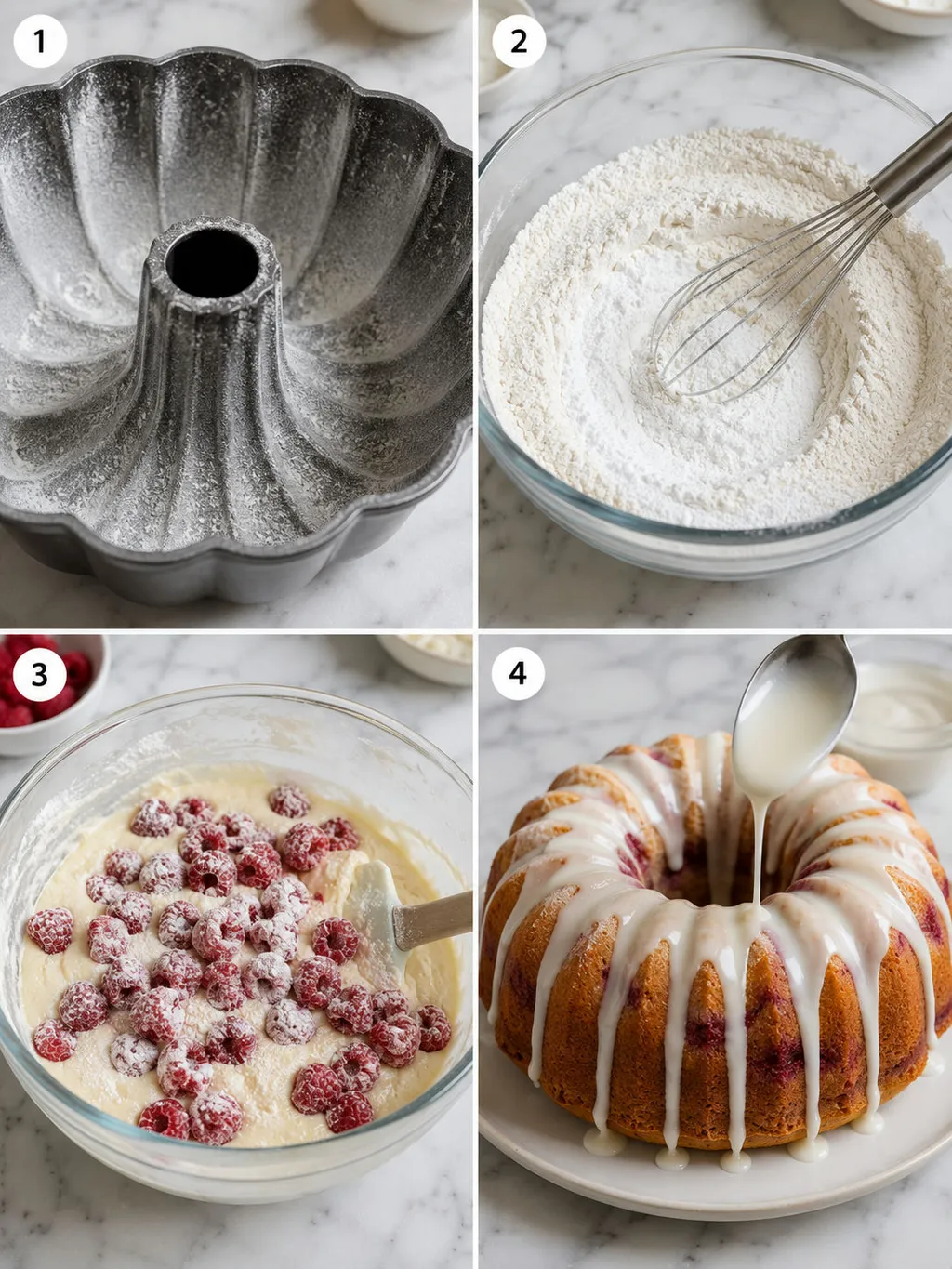 Four steps of making a two-tone vanilla raspberry babka from batter to baked cake