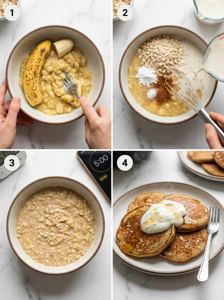 Four steps of making banana oat pancakes from mashing to flipping