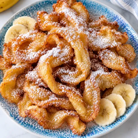 Bananowy lany chrust z cukrem pudrem na jasnym talerzu