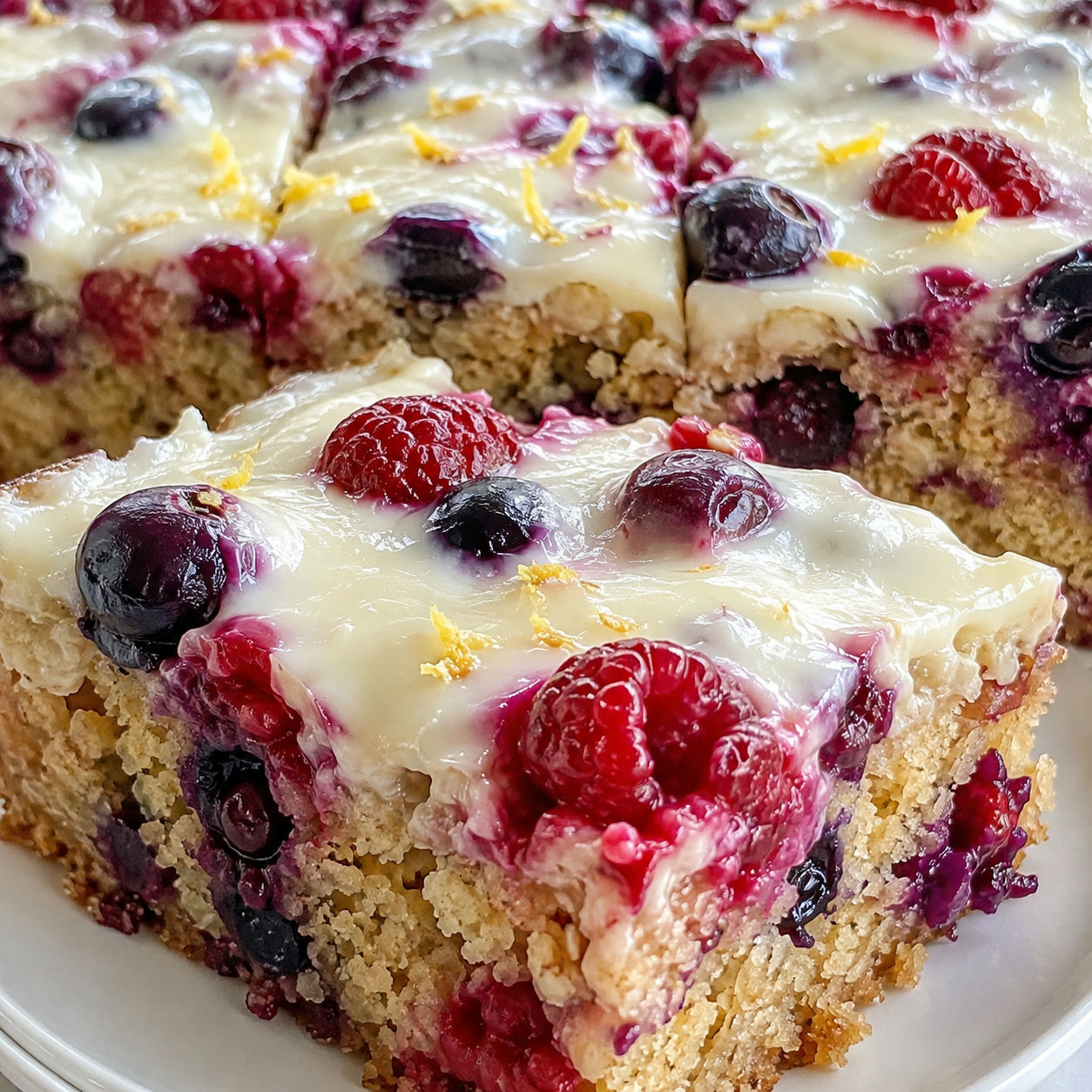 Oat yogurt berry cake with creamy topping and jammy berries