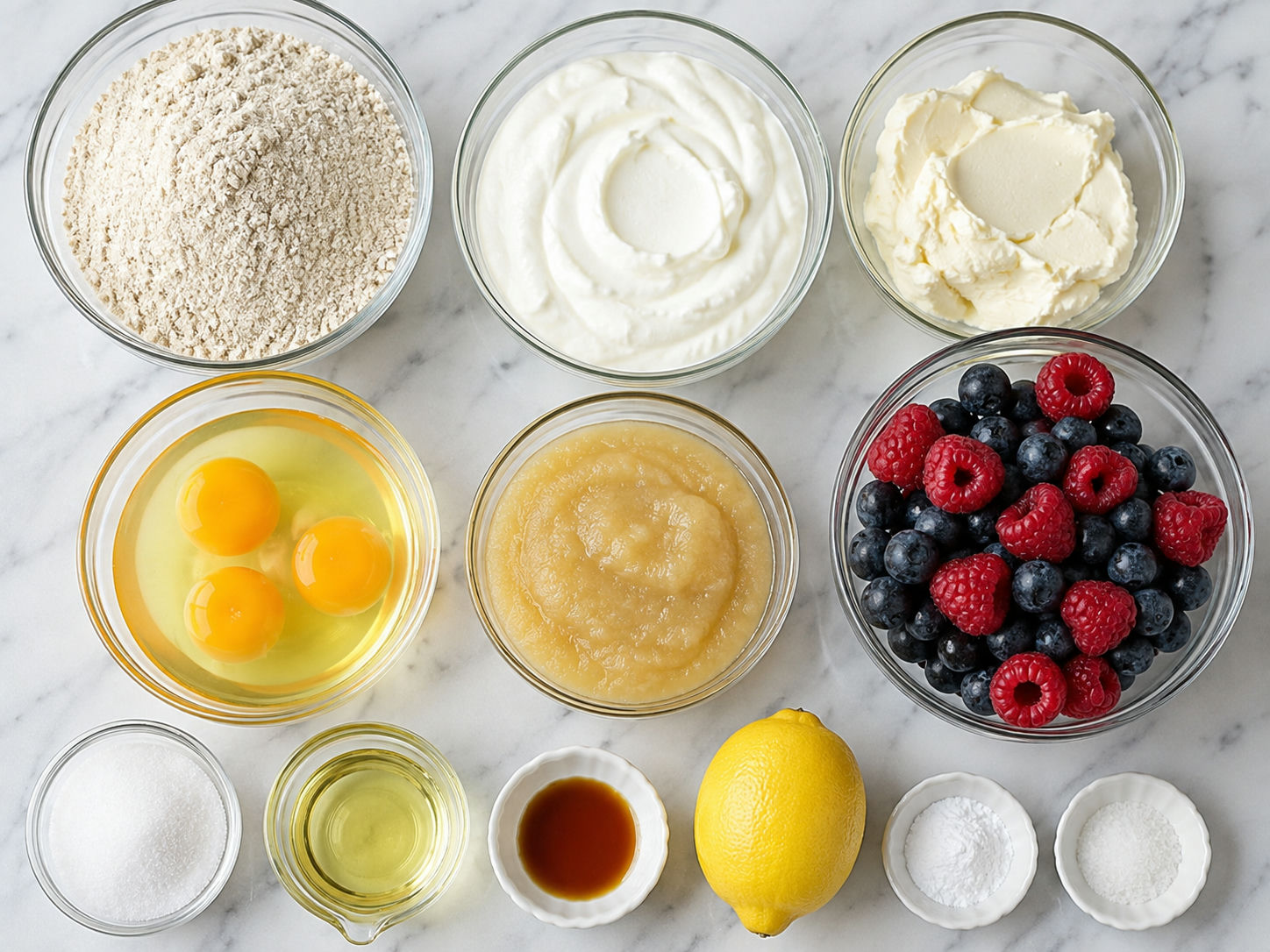 Ingredients for oat yogurt berry cake on a light counter