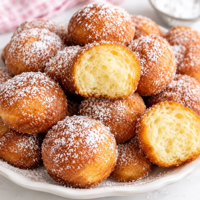 Bezglutenowe mini pączki z cukrem pudrem na jasnym talerzu