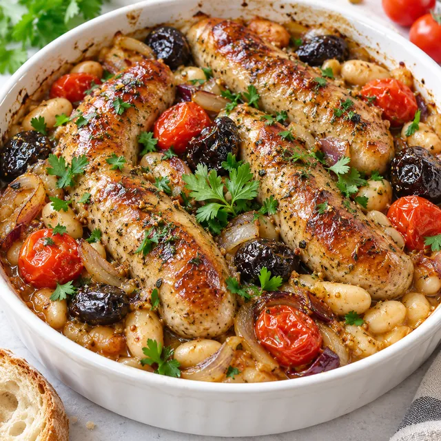 Biała kiełbasa pieczona z fasolą, śliwkami i pomidorkami