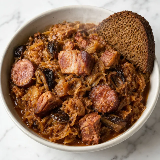 Bowl of Polish bigos hunter's stew with sausage, bacon and cabbage