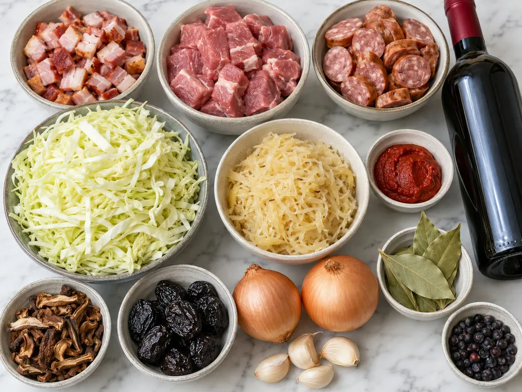 Raw ingredients for Polish bigos including bacon, sausage and cabbage