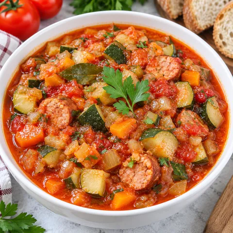 Bigos z cukinii w białej misce z kiełbasą i natką