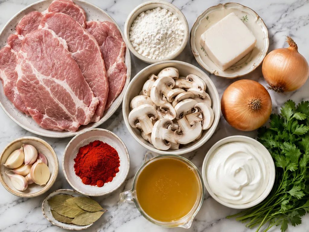 Raw pork, mushrooms, onions and sour cream for bitki wieprzowe