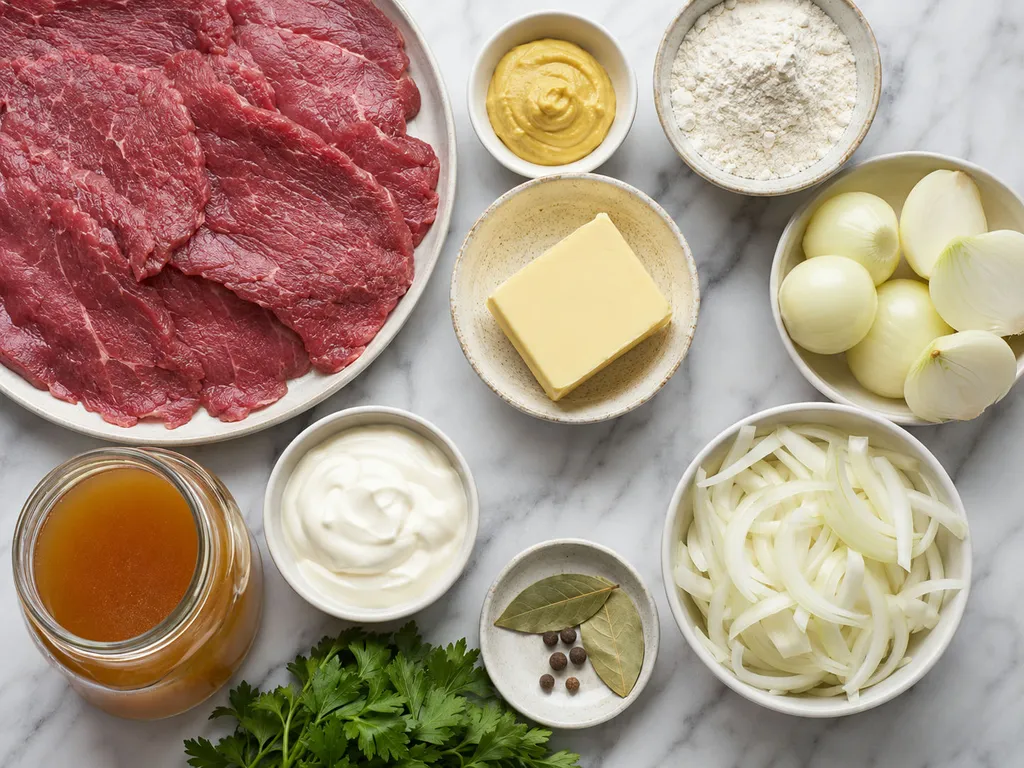 Raw beef slices, onions, mustard, flour and herbs for bitki wołowe