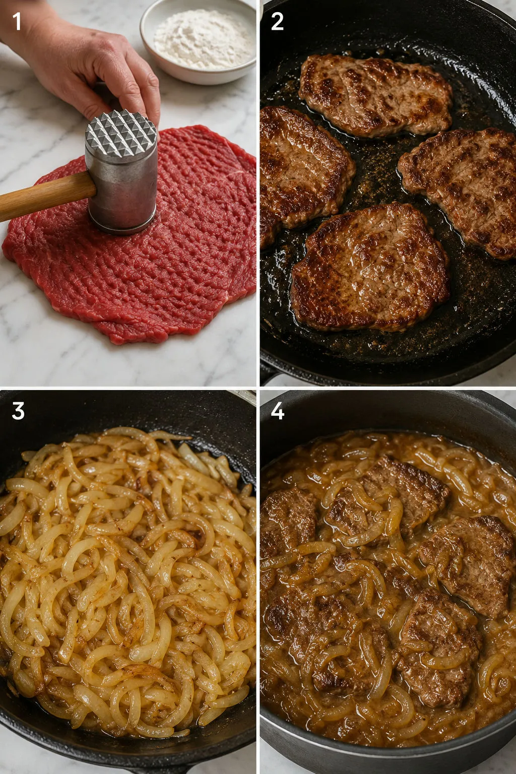 Four steps of making bitki wołowe from pounding beef to braising in onions