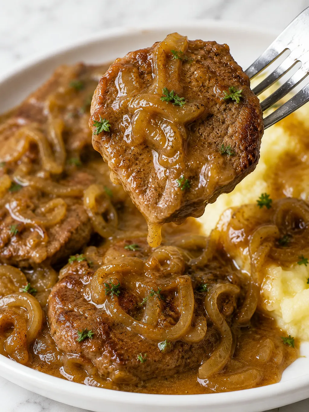Fork lifting a tender beef medallion with caramelized onion gravy