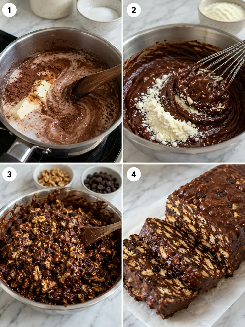 Four steps of making chocolate biscuit block from melting to pressing into a pan