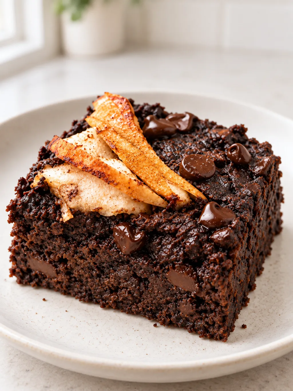 Kawałek brownie z jabłkami z wilgotnym kakaowym wnętrzem