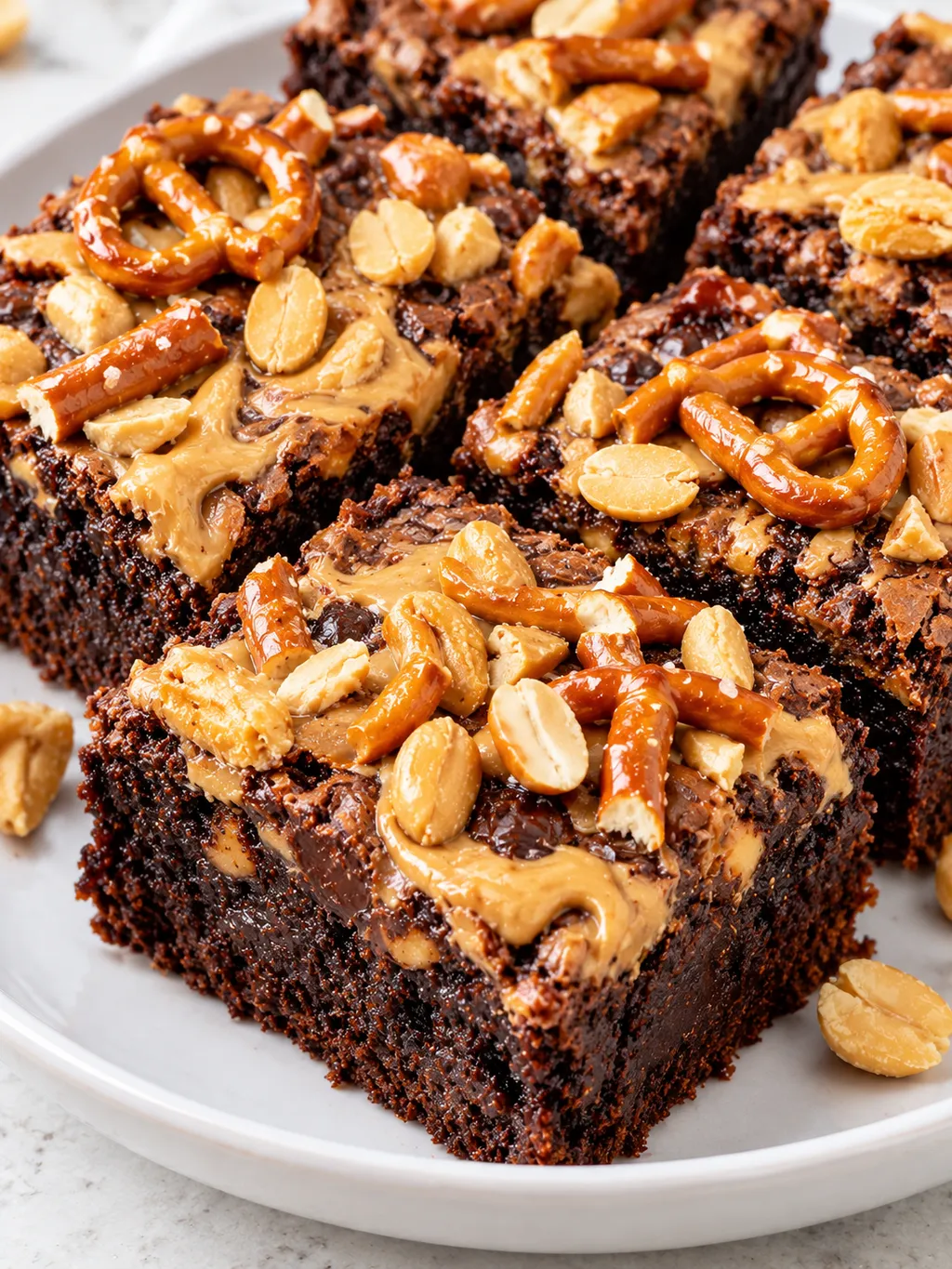 Kwadraty brownie z masłem orzechowym, precelkami i orzeszkami