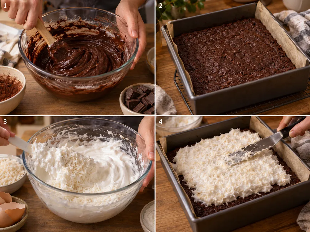 Etapy przygotowania brownie z pianką kokosową w formie