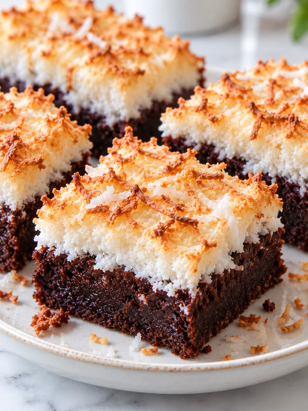 Kawałki brownie z pianką kokosową na białym blacie