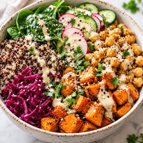 Buddha bowl z ciecierzycą, pieczonym batatem, komosą i sosem tahini