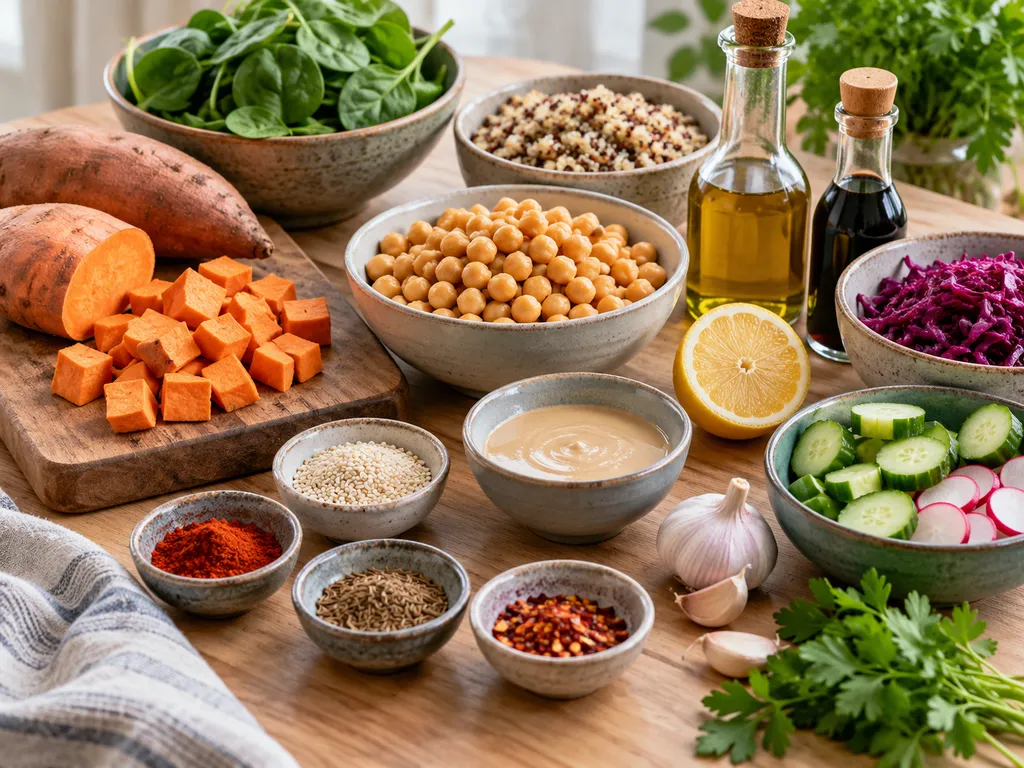 Składniki na Buddha bowl z batatem, ciecierzycą, komosą i tahini