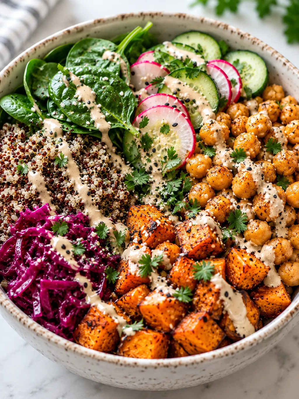 Miska Buddha bowl z pieczonym batatem, ciecierzycą i sosem tahini